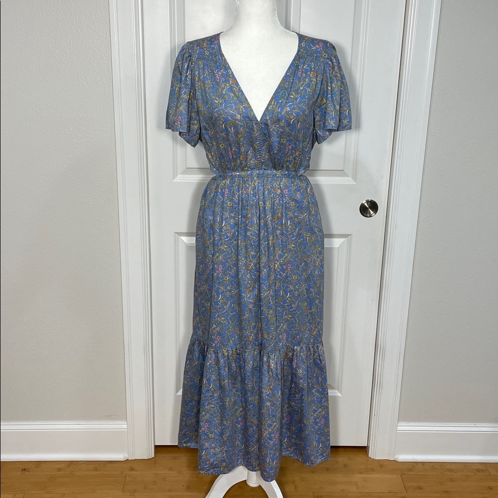 XíRENA Gabrielle Cutout Dress Size Large Blue Floral Midi V Neck Flutter Sleeve - Picture 6 of 16